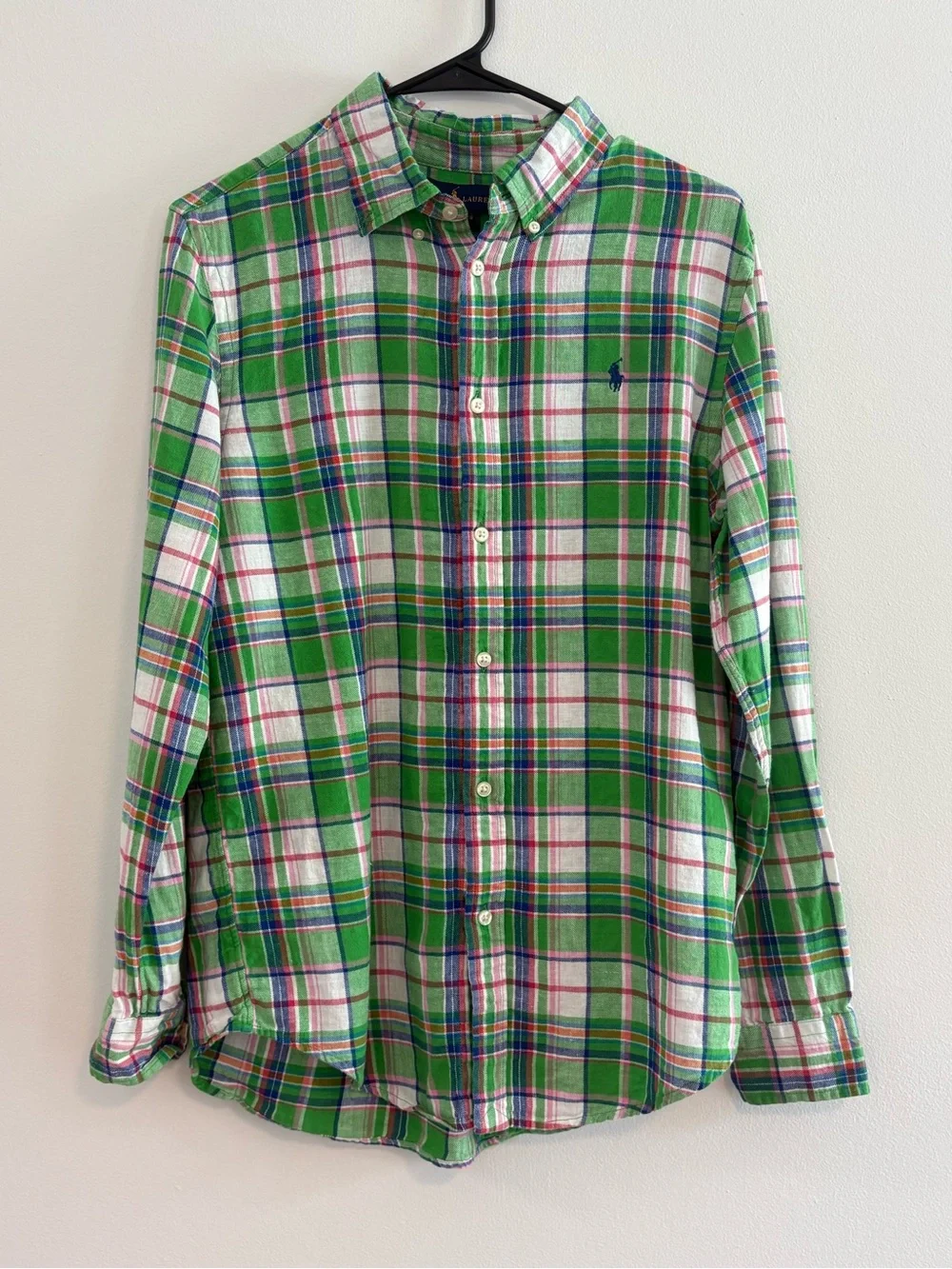 Ralph Lauren preppy Girls XL 18-20 Green Plaid Linen Blend Button Down Shirt